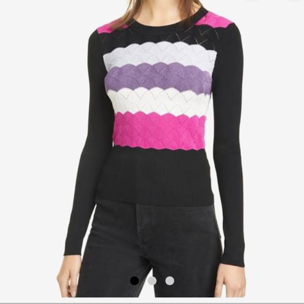 Cinq à Sept fitted Black Sweater with Pink, grey pearlized and Purple Stripes.